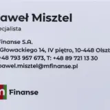 Wizytówka Pawła Misztela, specjalisty mFinanse S.A. z Olsztyna.