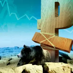 Symbol rubla, niedźwiedź, balalajka i cerkiew na tle wykresu giełdowego.