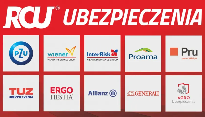 Logotypy agencji ubezpieczeniowych: PZU, Wiener, InterRisk, Proama, Pru, TUZ, Ergo Hestia, Allianz, Generali, Agro Ubezpieczenia.