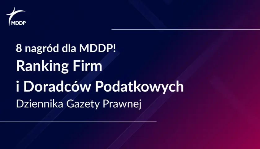Logo MDDP i tekst: "8 nagród dla MDDP! Ranking Firm i Doradców Podatkowych Dziennika Gazety Prawnej".